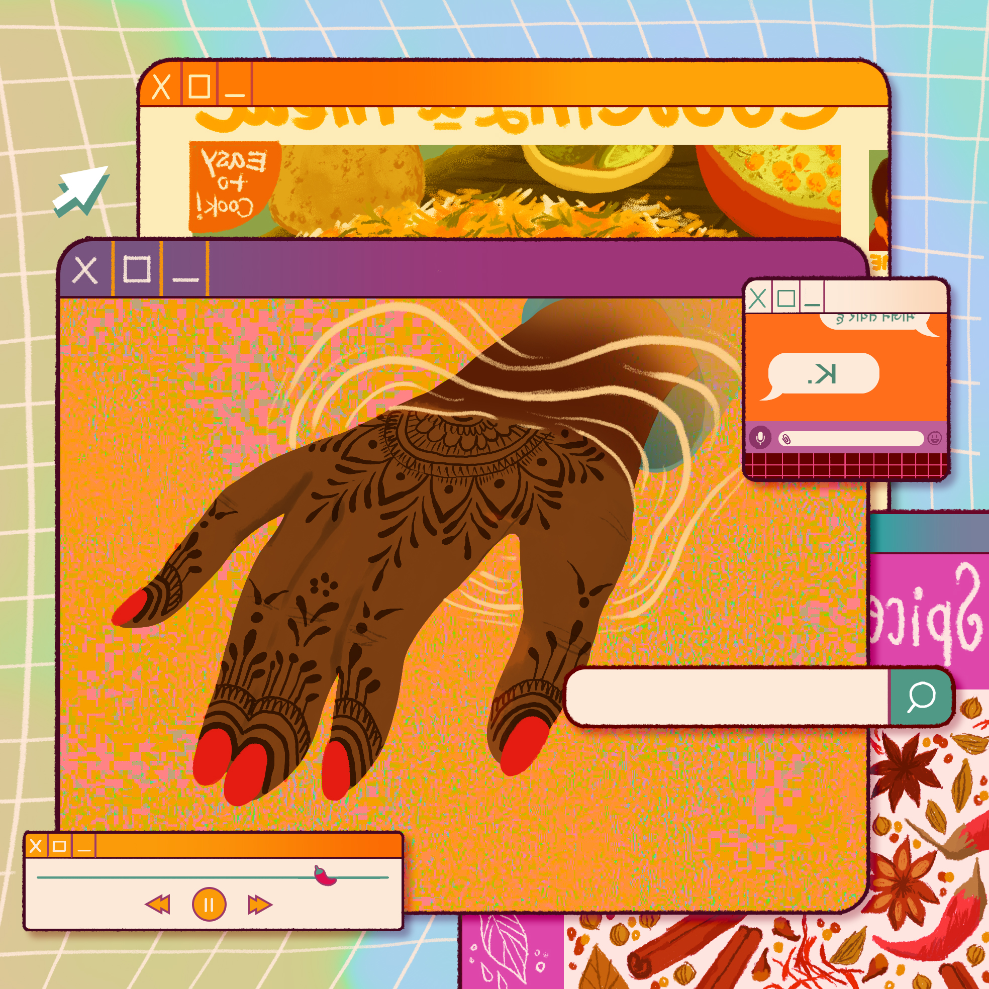 a hand decorated with henna coming through a computer screen