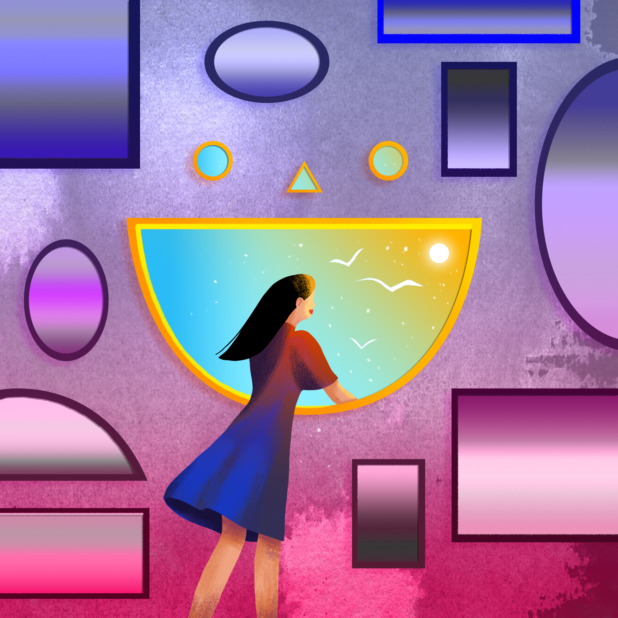 a woman looking out a smiling face porthole
