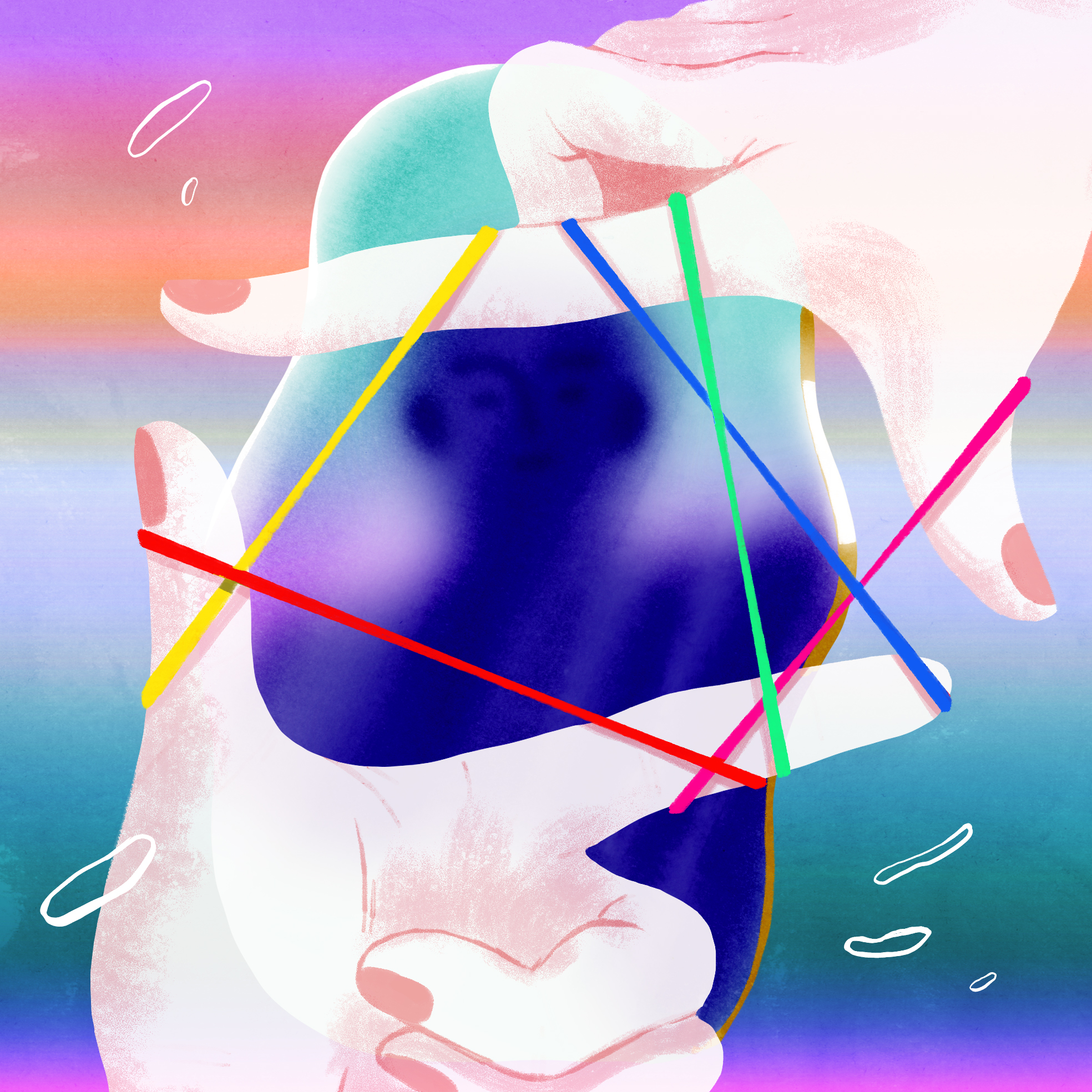 hands holding up colorful elastic bands, using resistance to imagine a brighter future