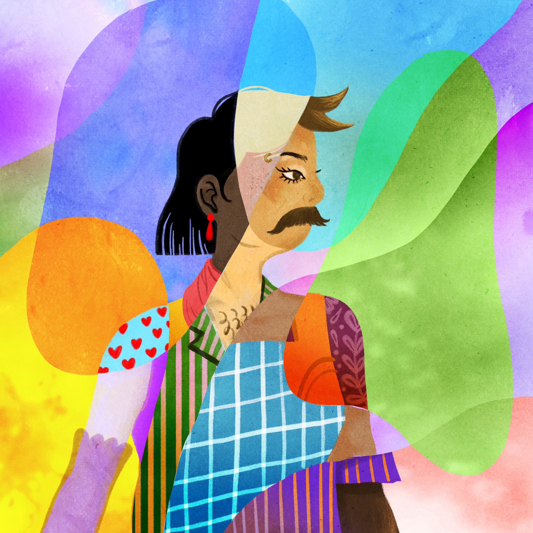 a mixed gender person stands over a colourful background.