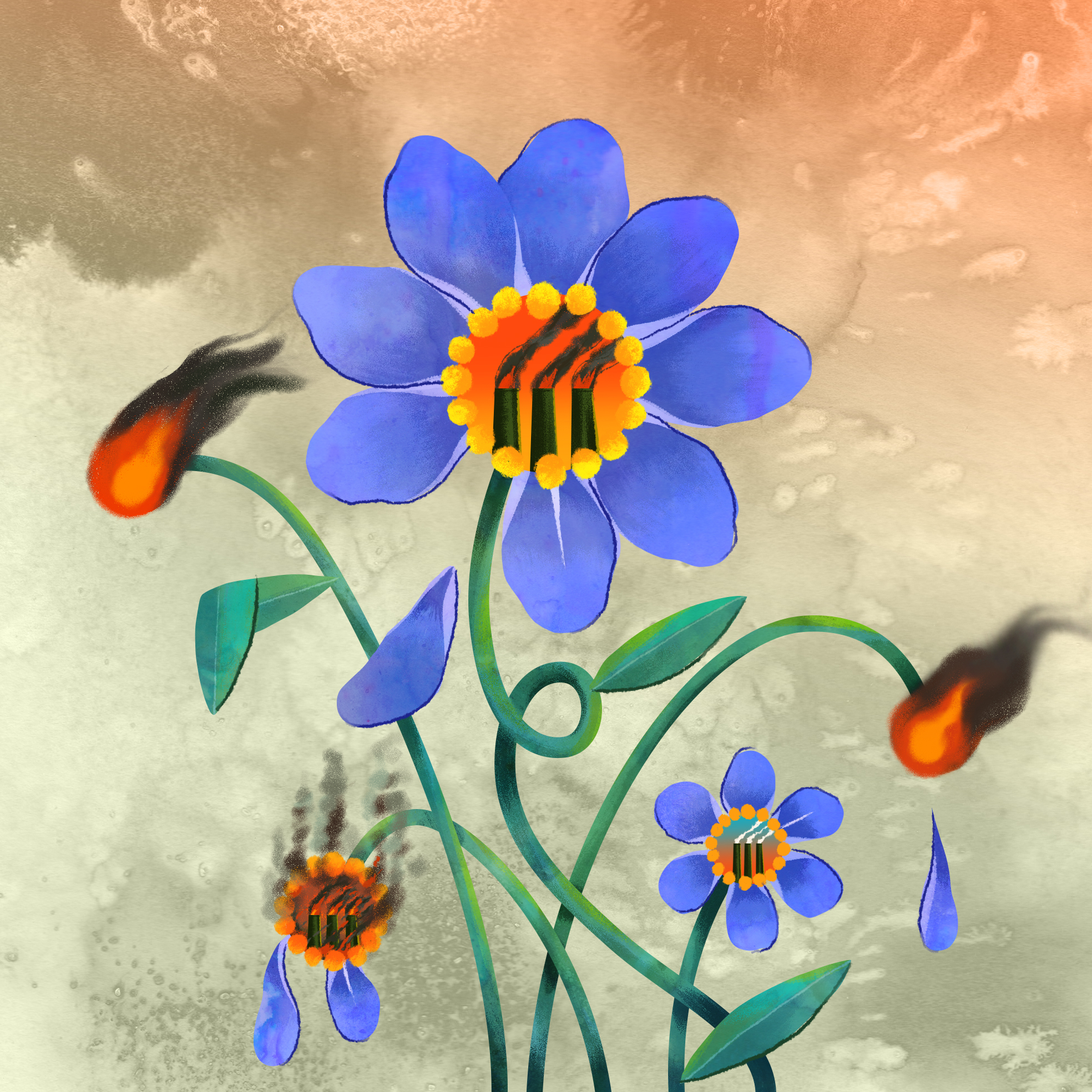 Inside bright blue flowers are scenes of environmental devastation
