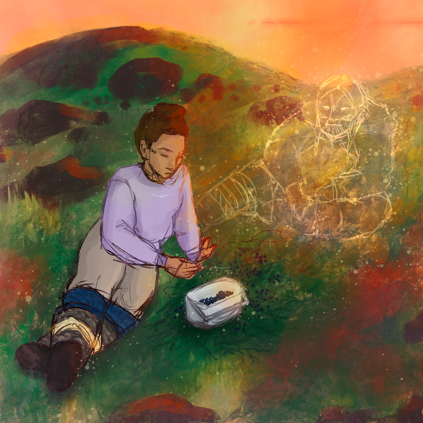 a woman picks berries on the tundra while a golden spirit in traditional Inuk clothing sits beside her