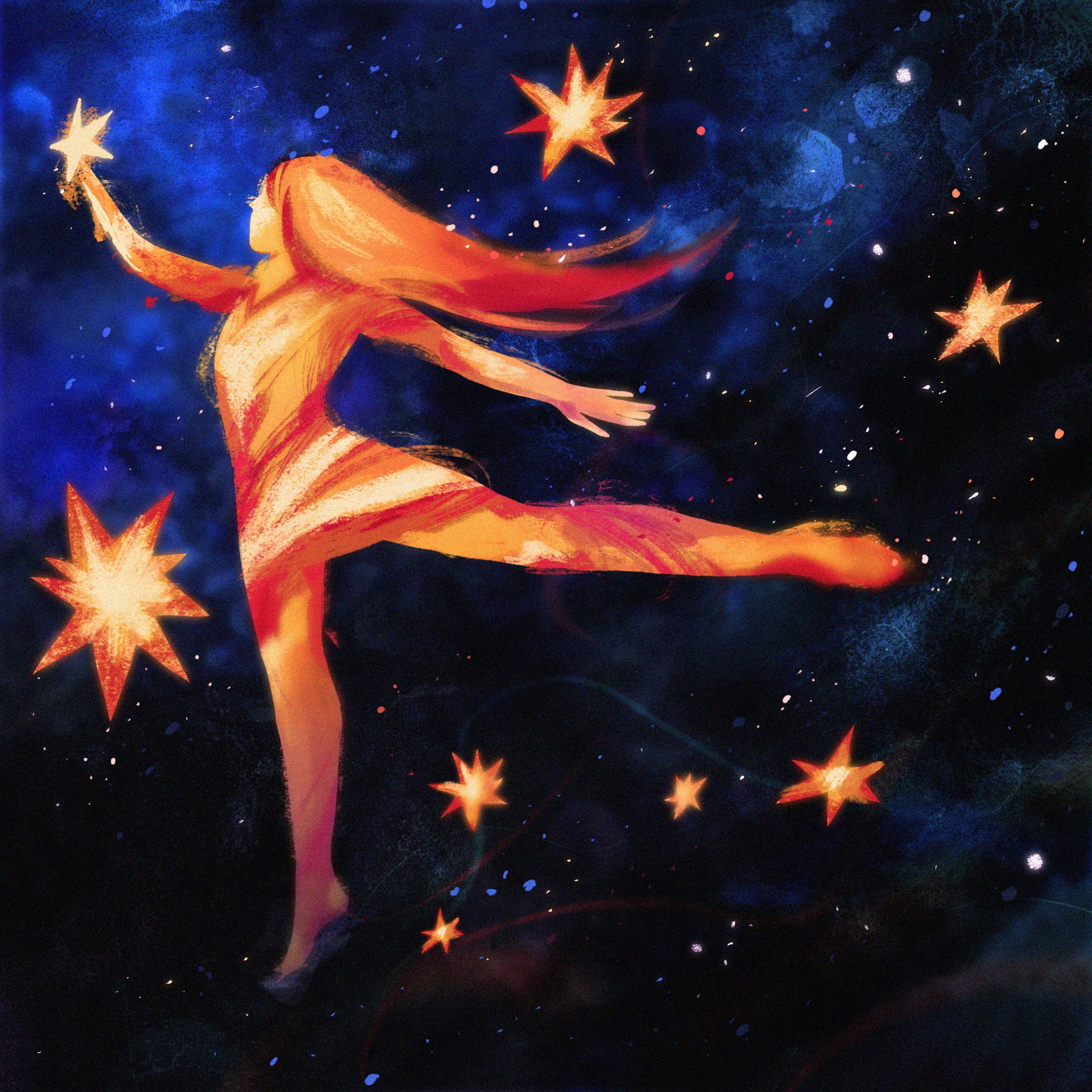 Une danseuse en arabesque dans l'espace parmi les étoiles