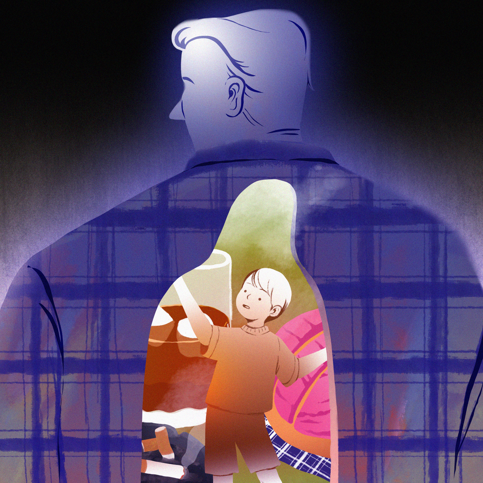 a child stands within the internal world of a father