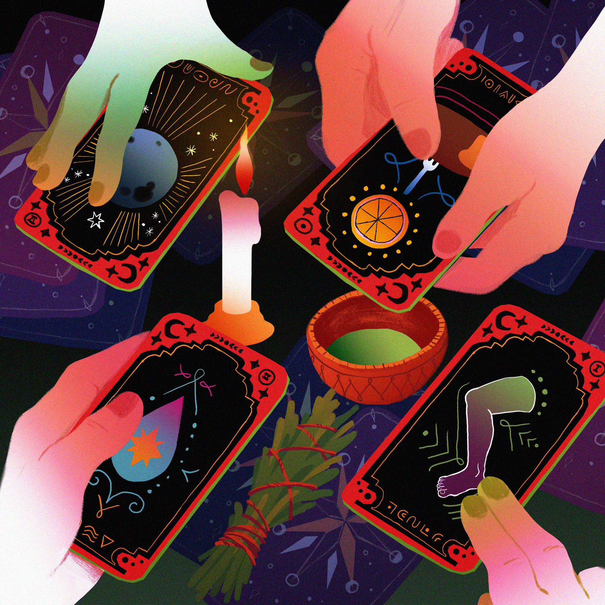 tarot cards are exchanged over a candle
