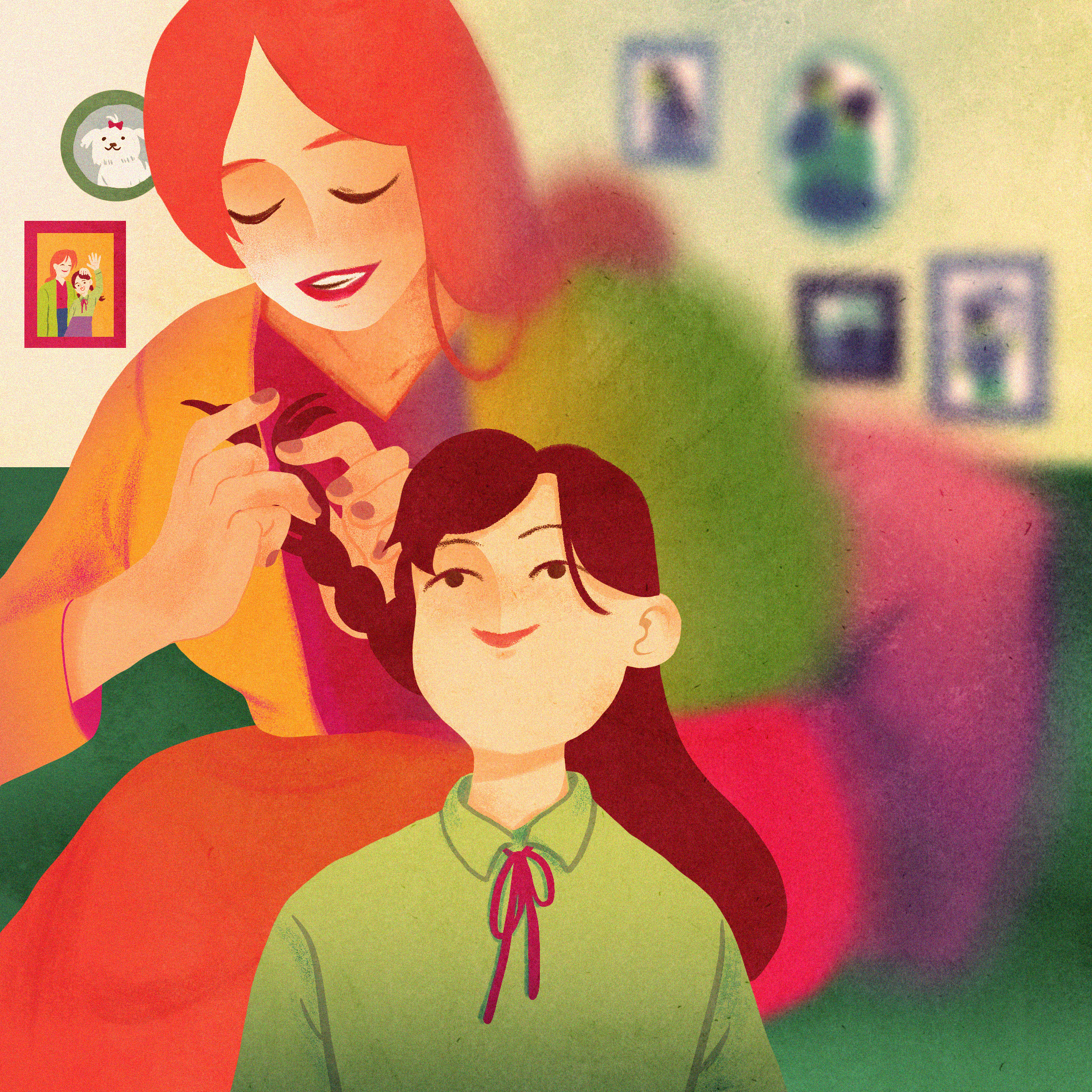 A young girl has her hair braided by her mother