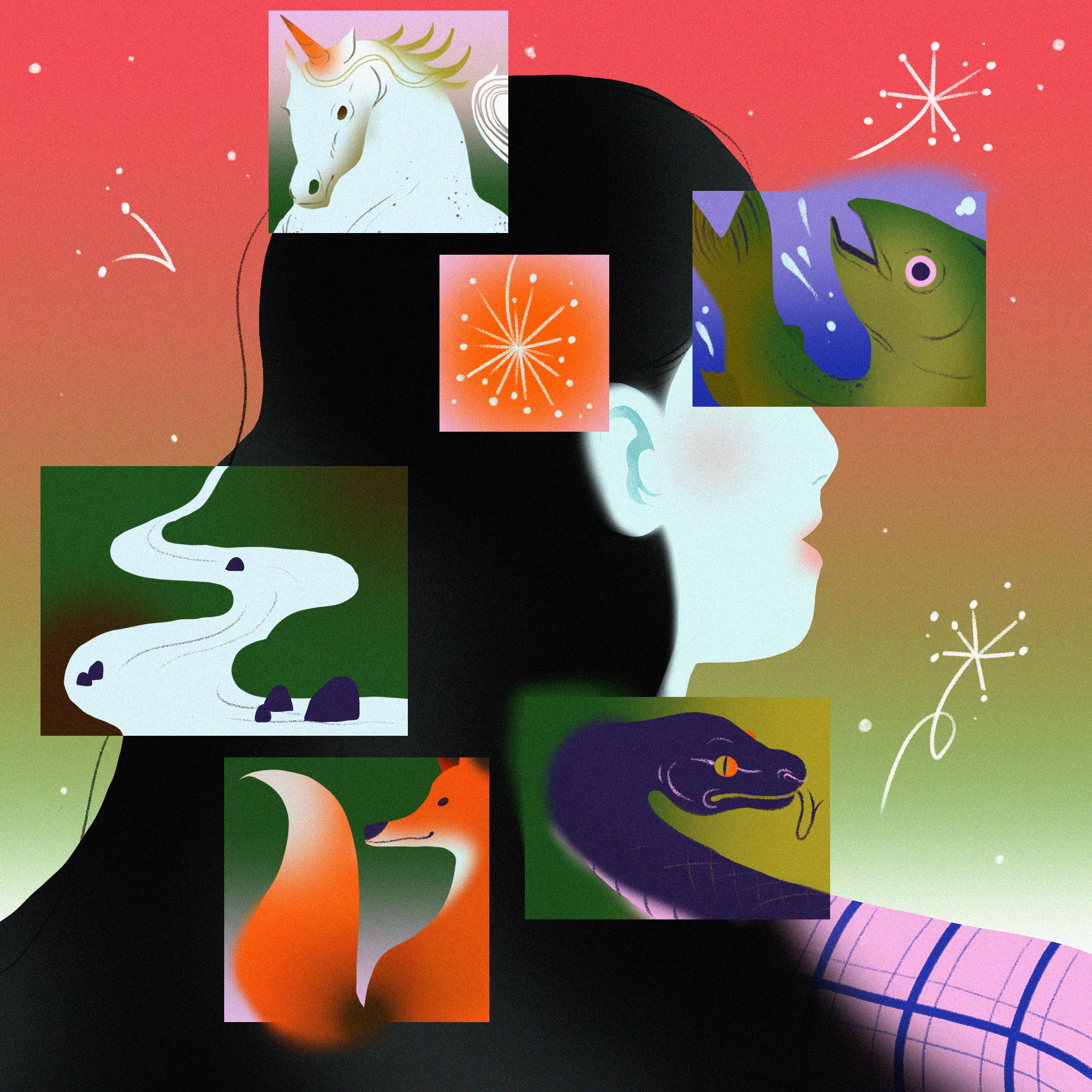 A woman looks out while various images of nature are superimposed over her