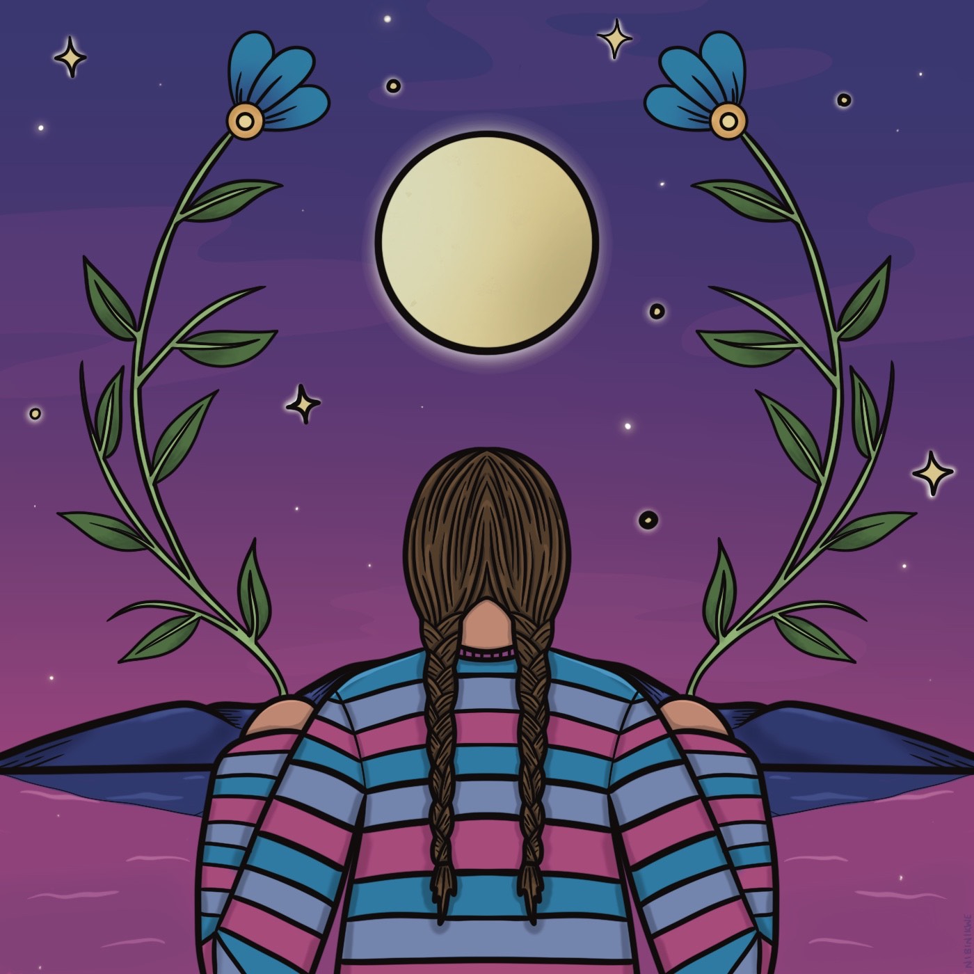 A woman with two braids looks out at the moon while blue flowers rise up beside her.