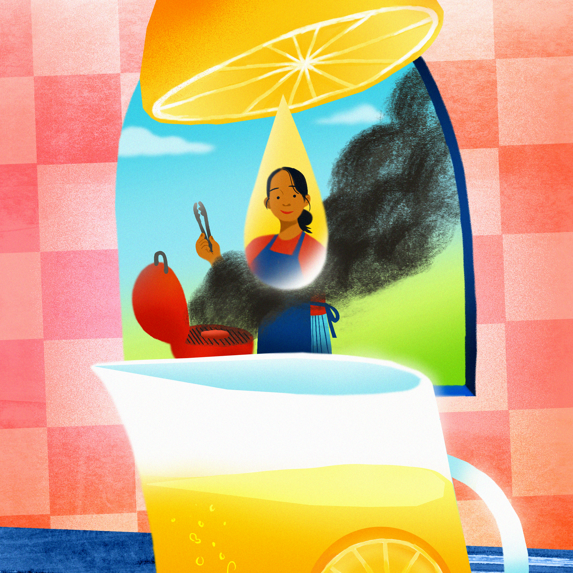 Un pichet de limonade et une mère devant un bbq