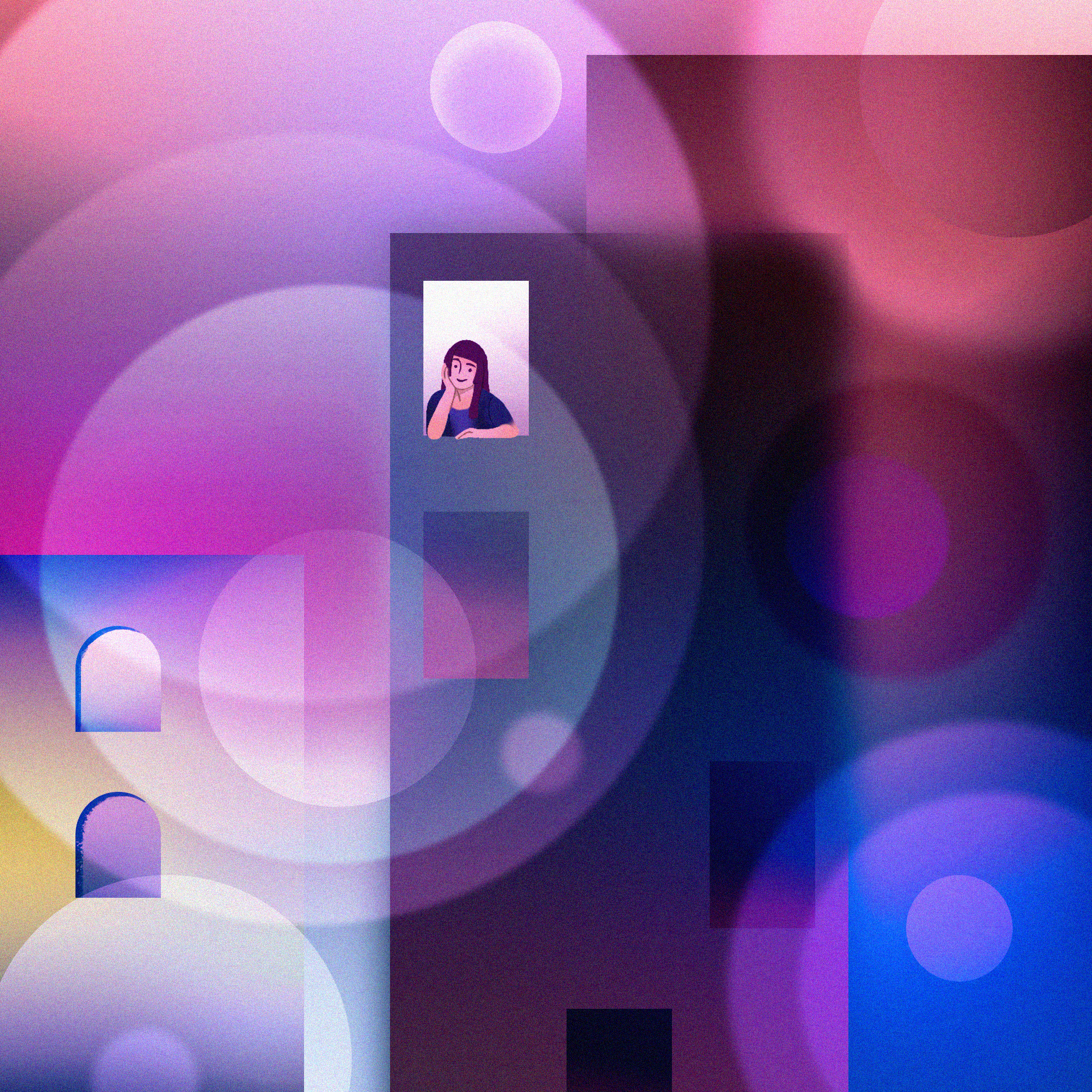 A woman looks out of a window of an abstract building