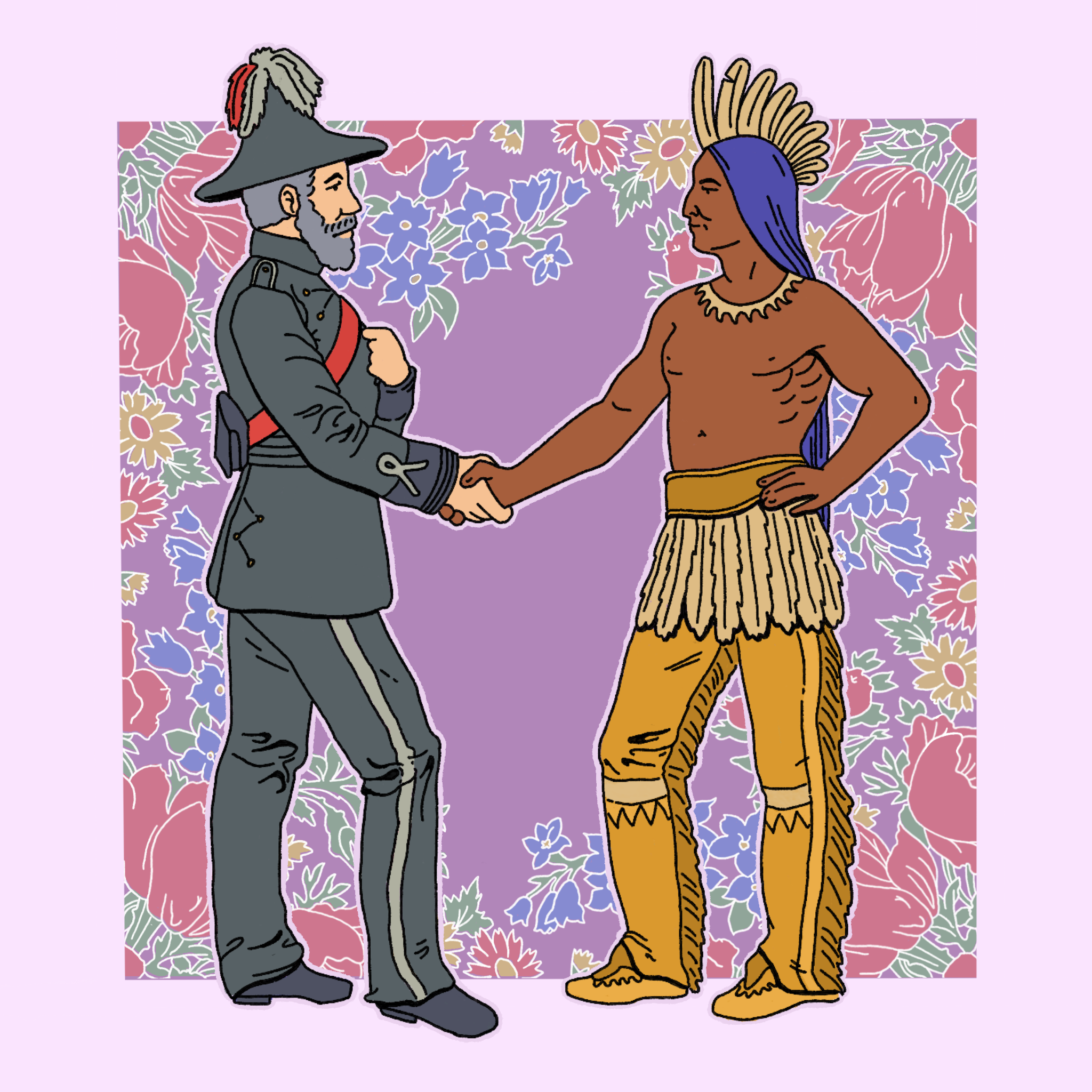 A colonial European soldier shakes hands with an Indigenous person.
