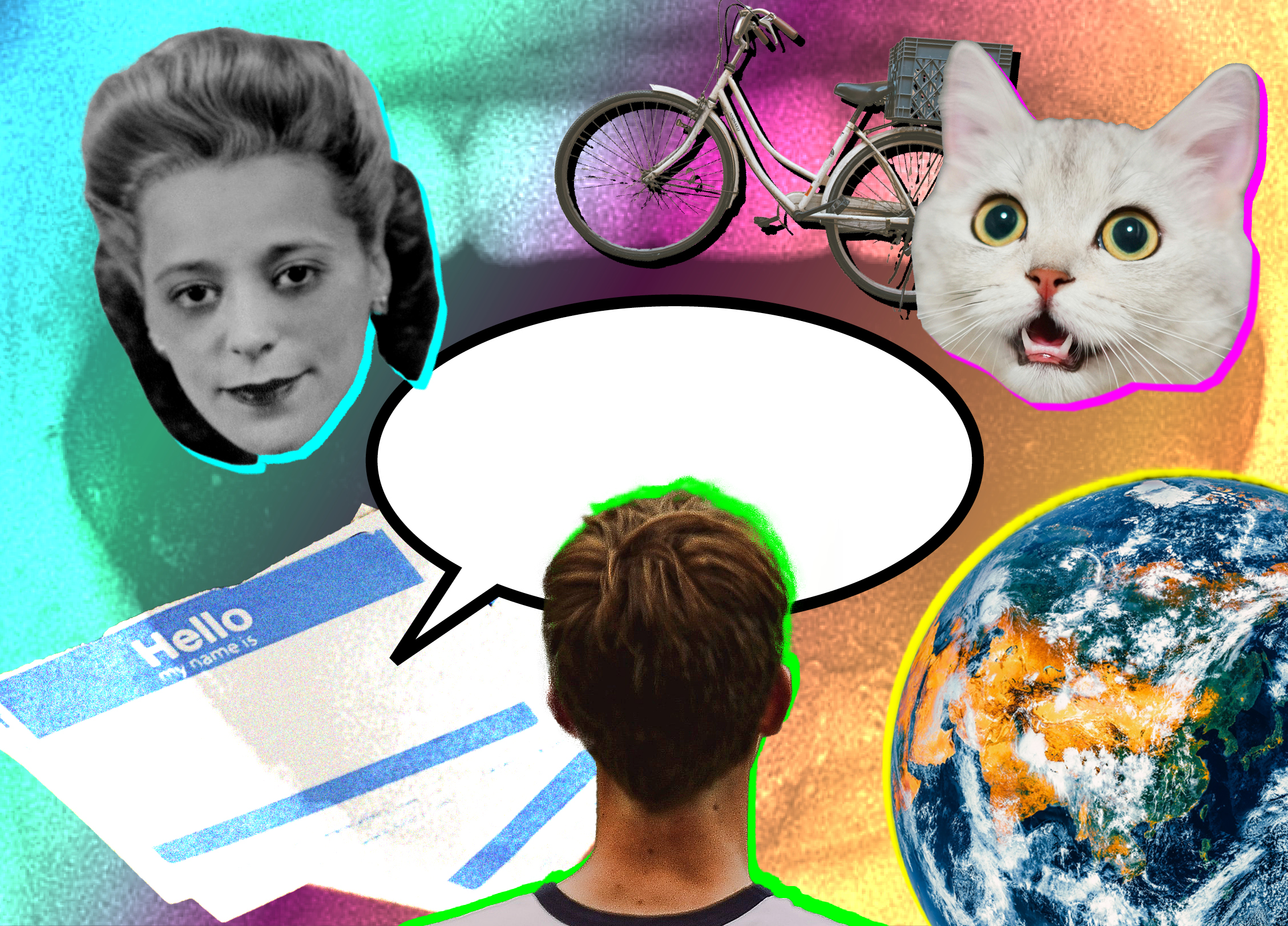collage image featuring a mouth, speech bubble, name tag, surrounded by people, animals, and objects