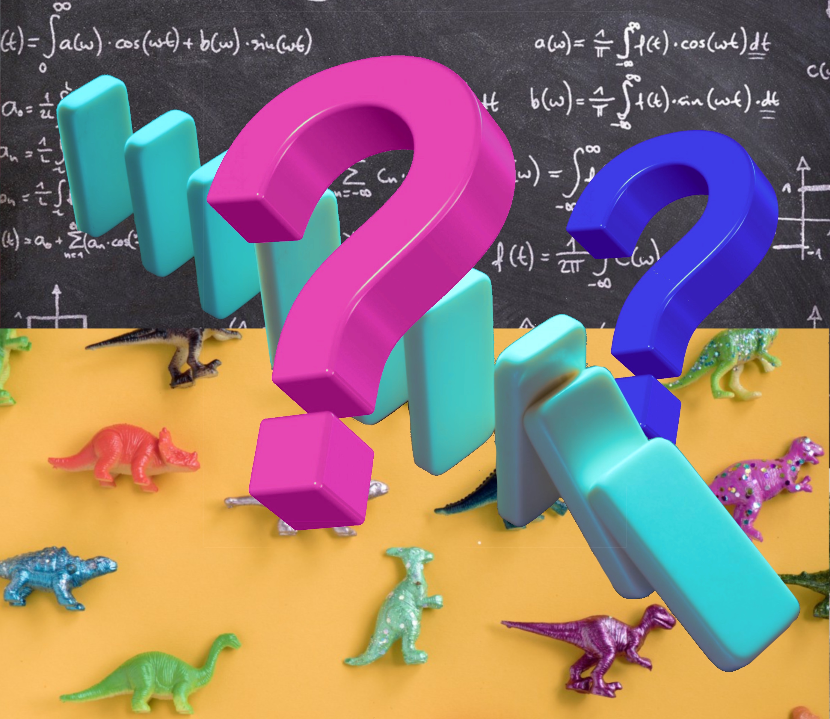large question marks and dominos over a board with math