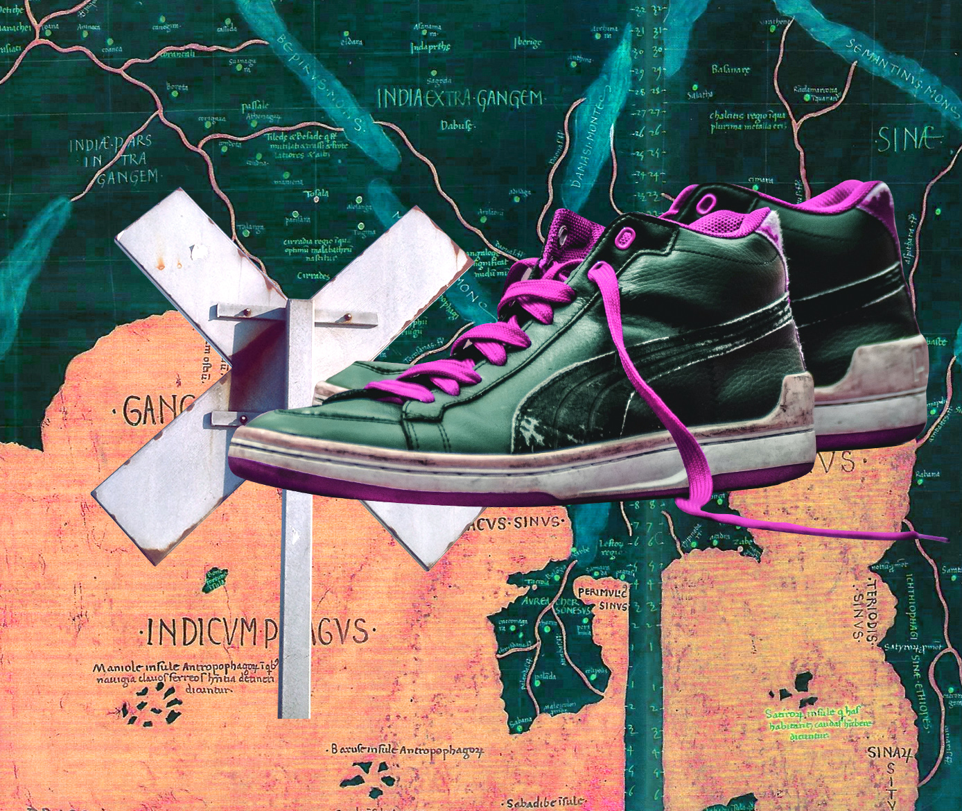 a pair of sneakers over a map