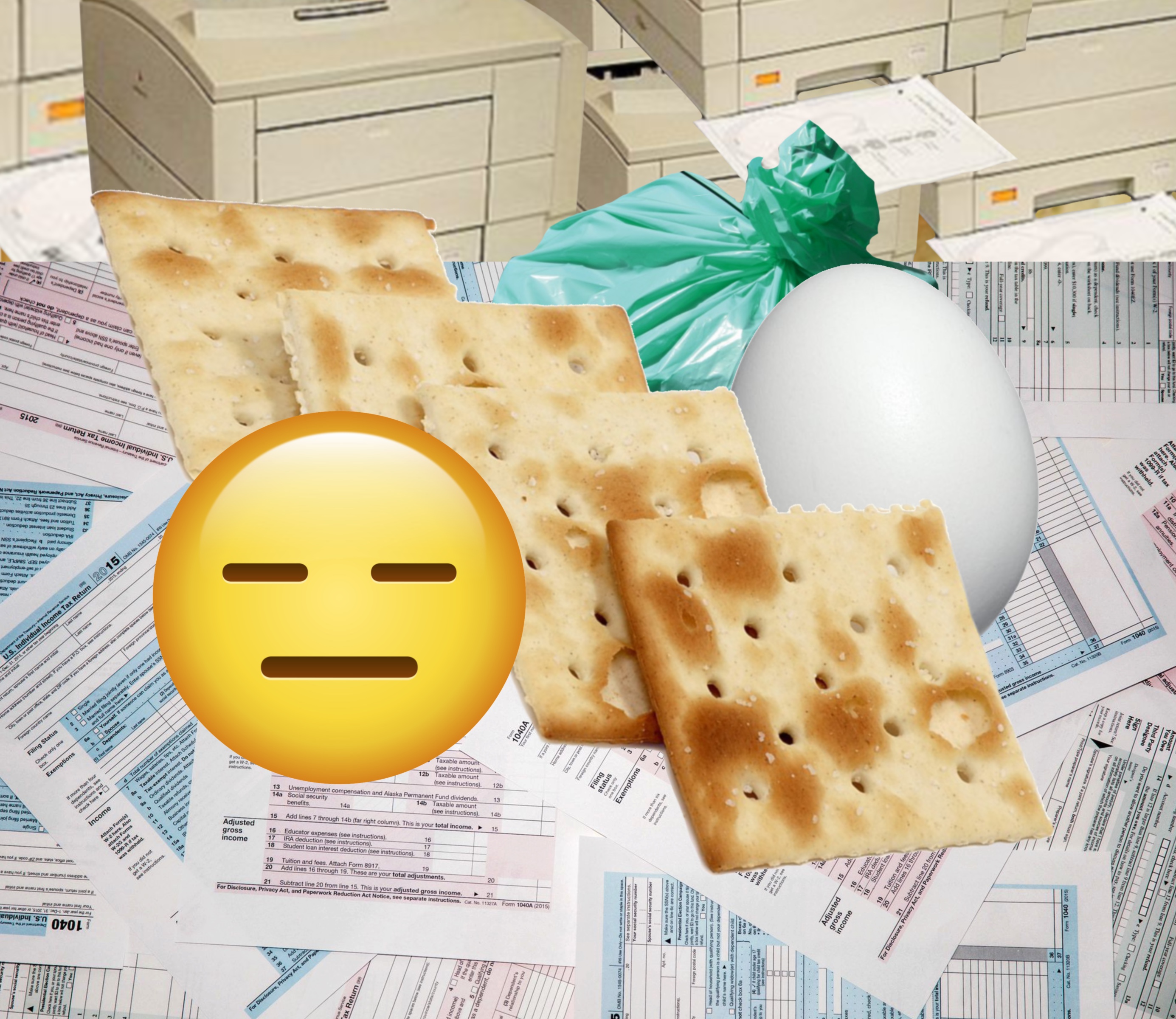 Picture of taxes, saltines, files, and a boiled egg.
