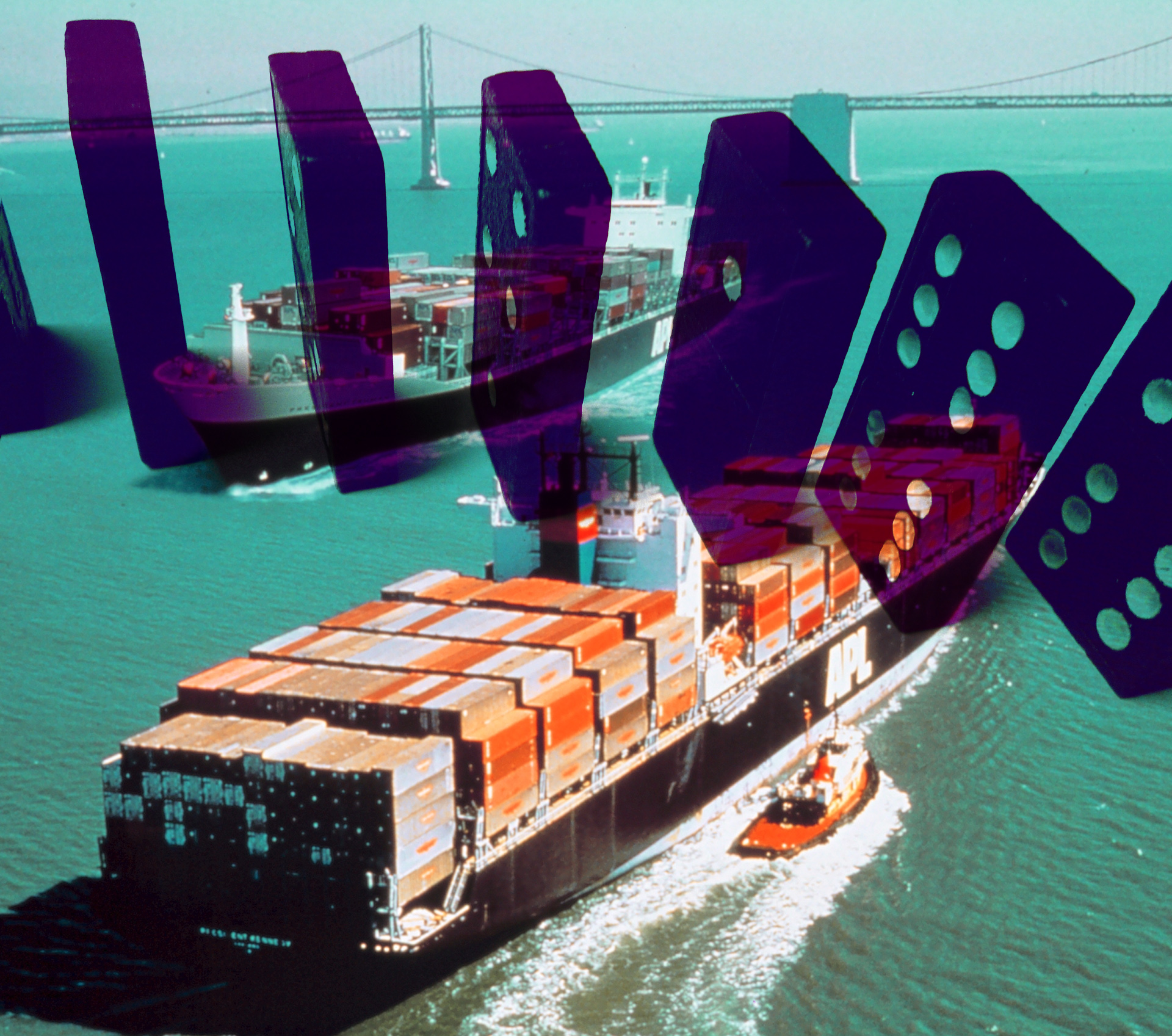a cargo ship and dominos