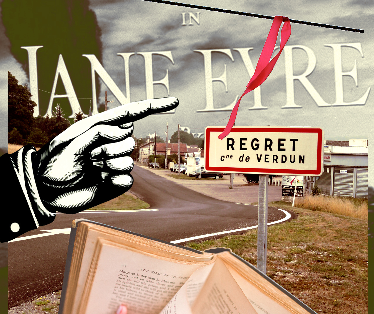 the text Jane Eyre hangs in the sky as well as a road sign for Verdune