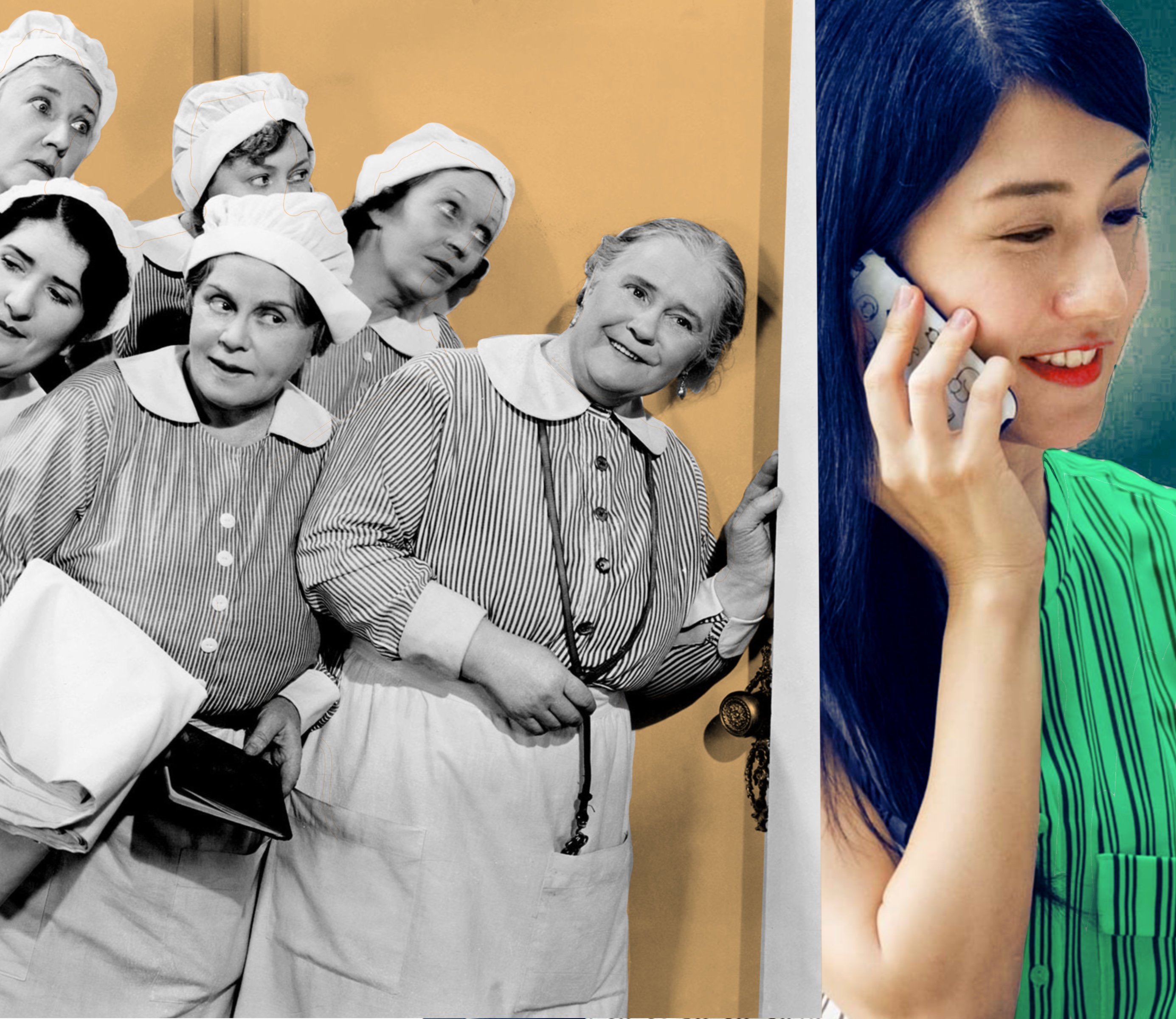 many old fashioned women listening at a door and a woman on the phone