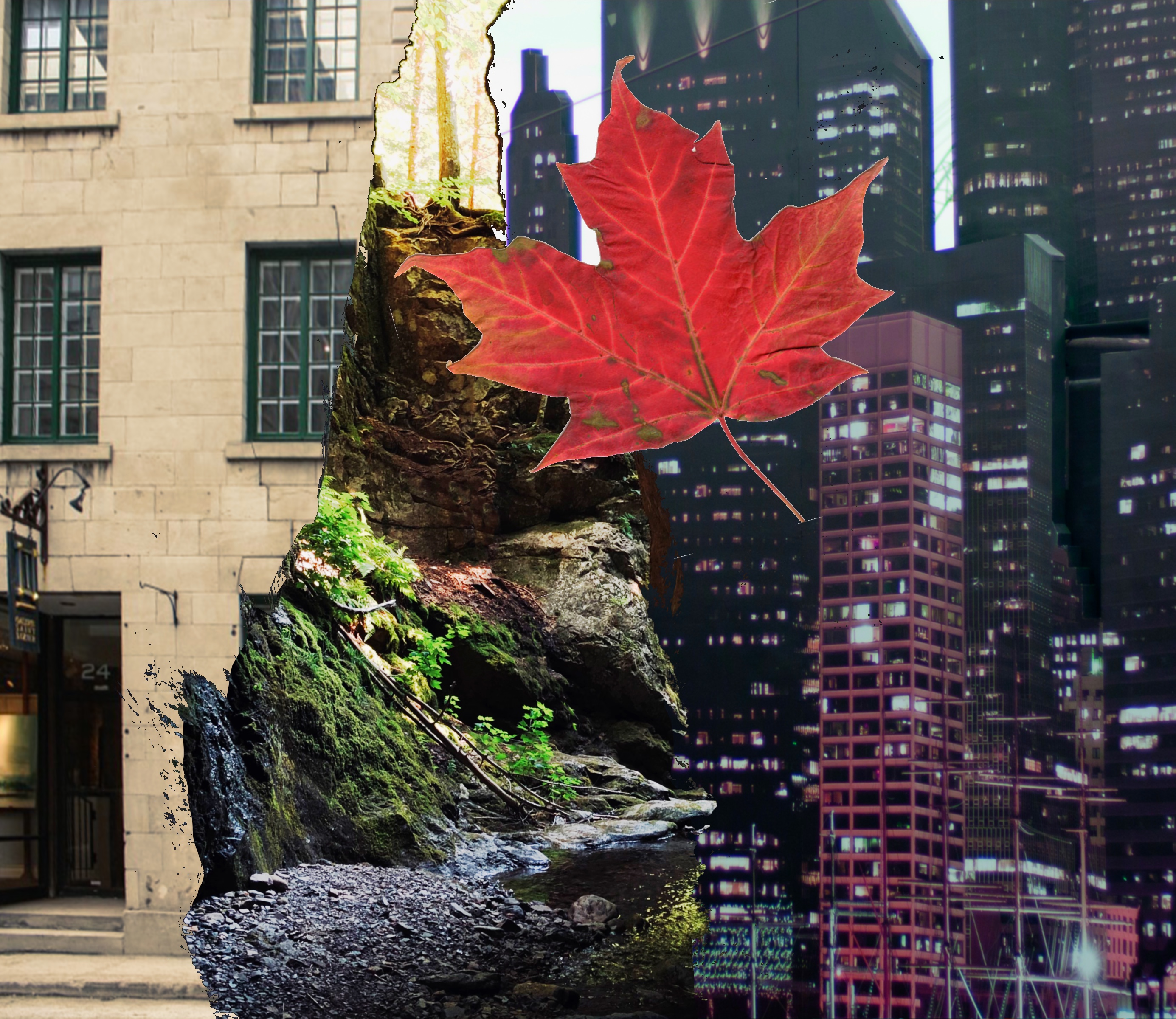 A red maple leaf superimposed over an urban landscape