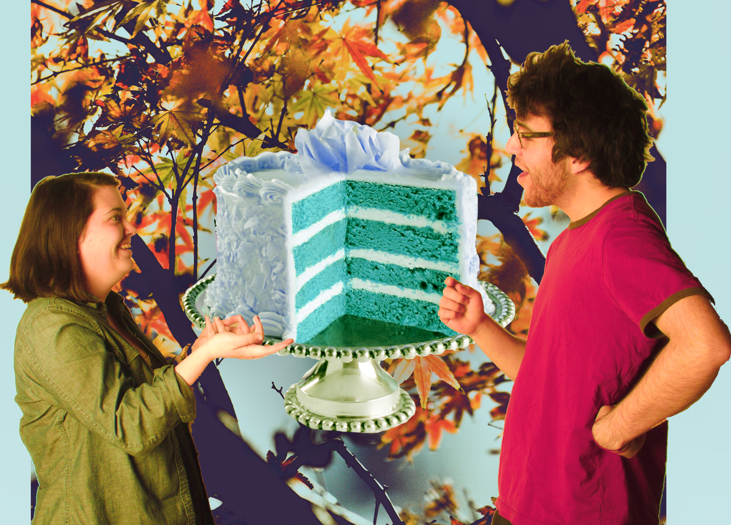 Two people with a layered cake over an autumn scene