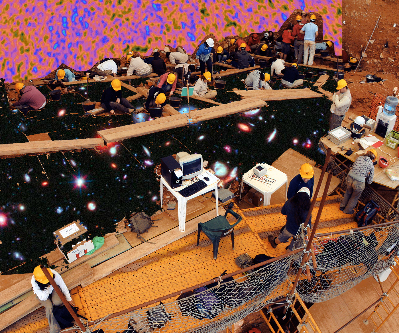workers dissemble an office to show outerspace