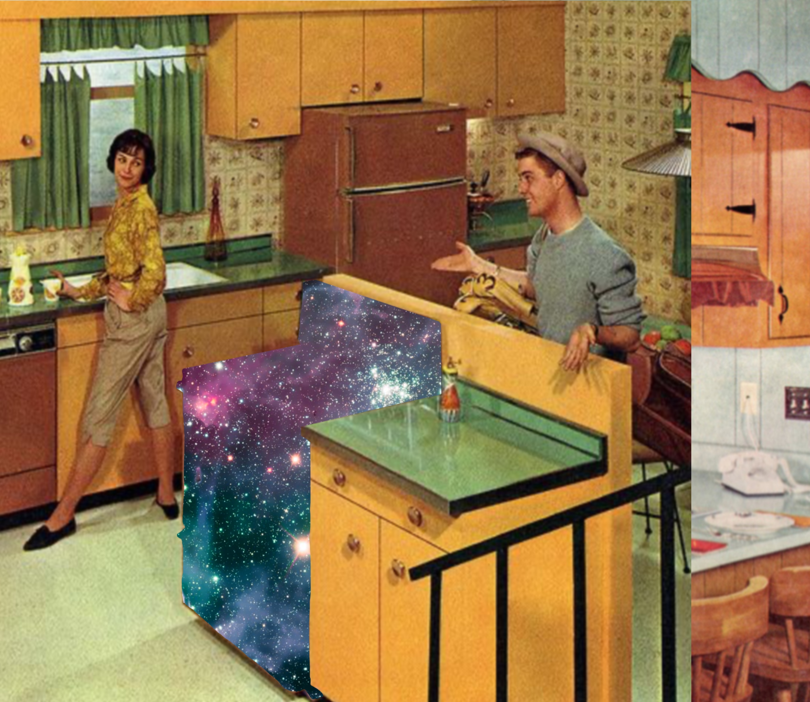 A domestic scene wherein the oven becomes a part of outerspace