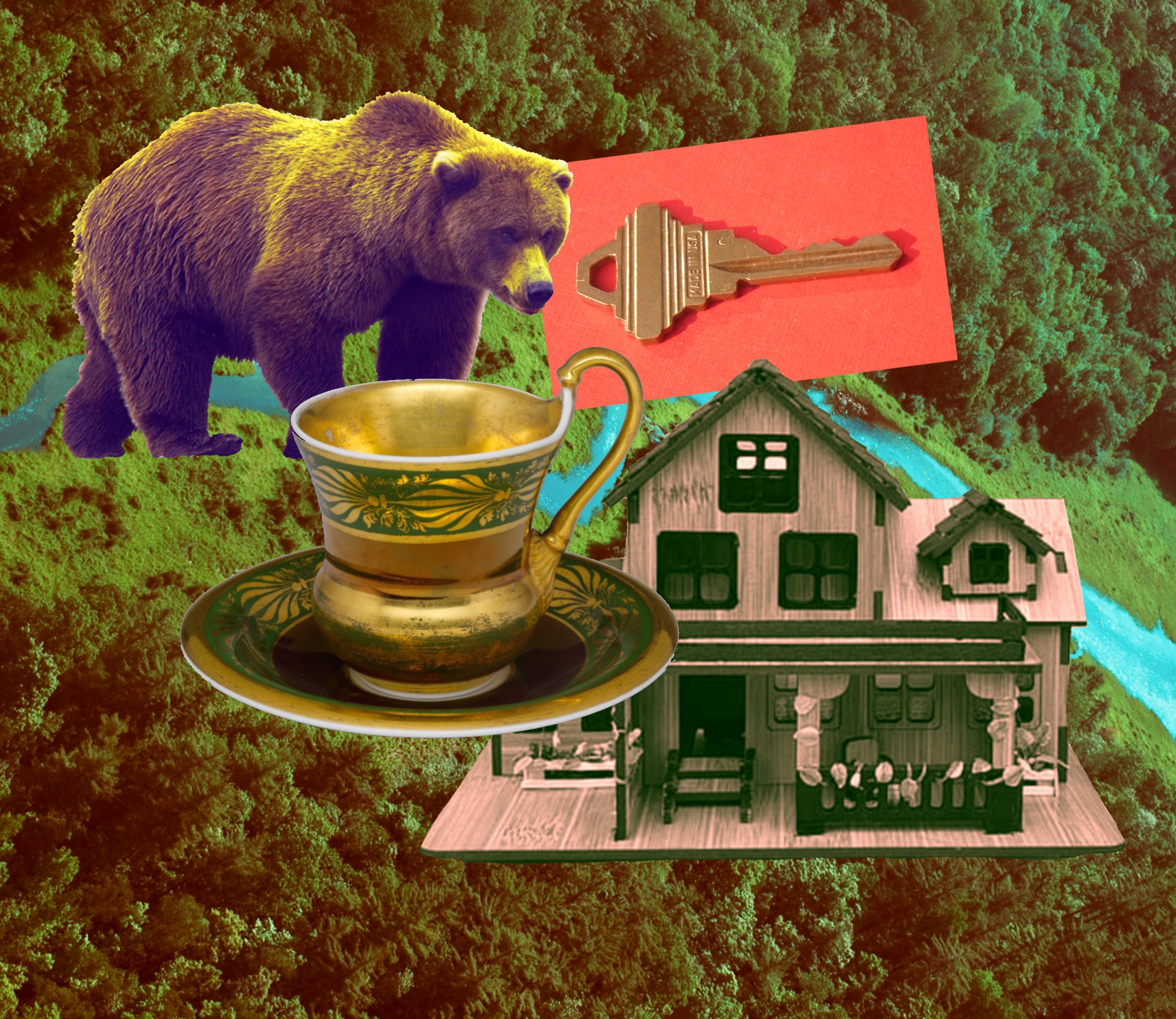 Picture of a bear, a key, a cup, and a house in a collage style