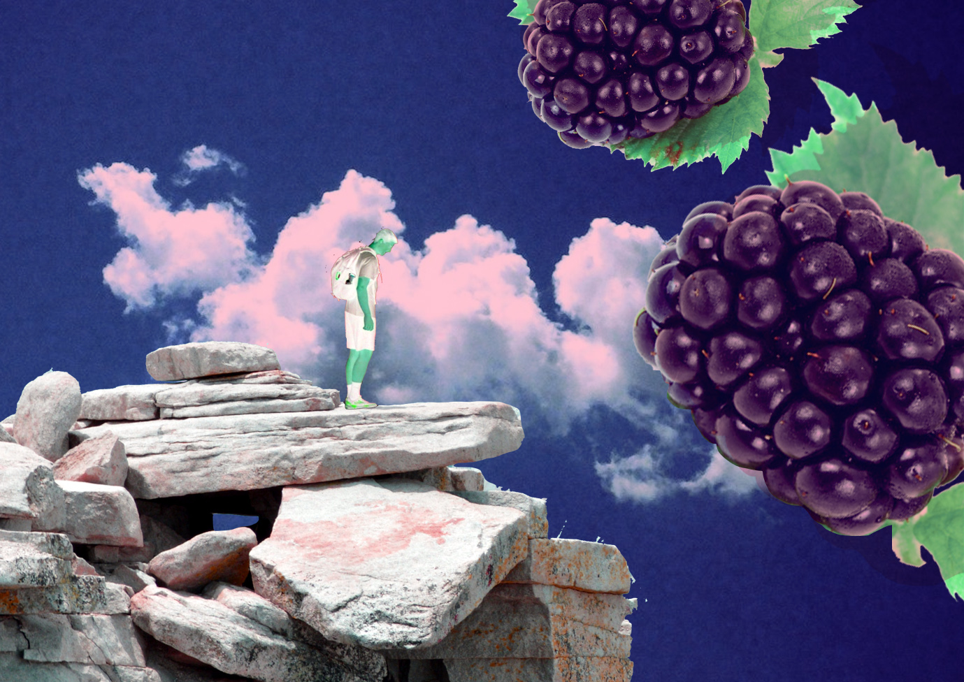 a person on a cliff with giant floating berries