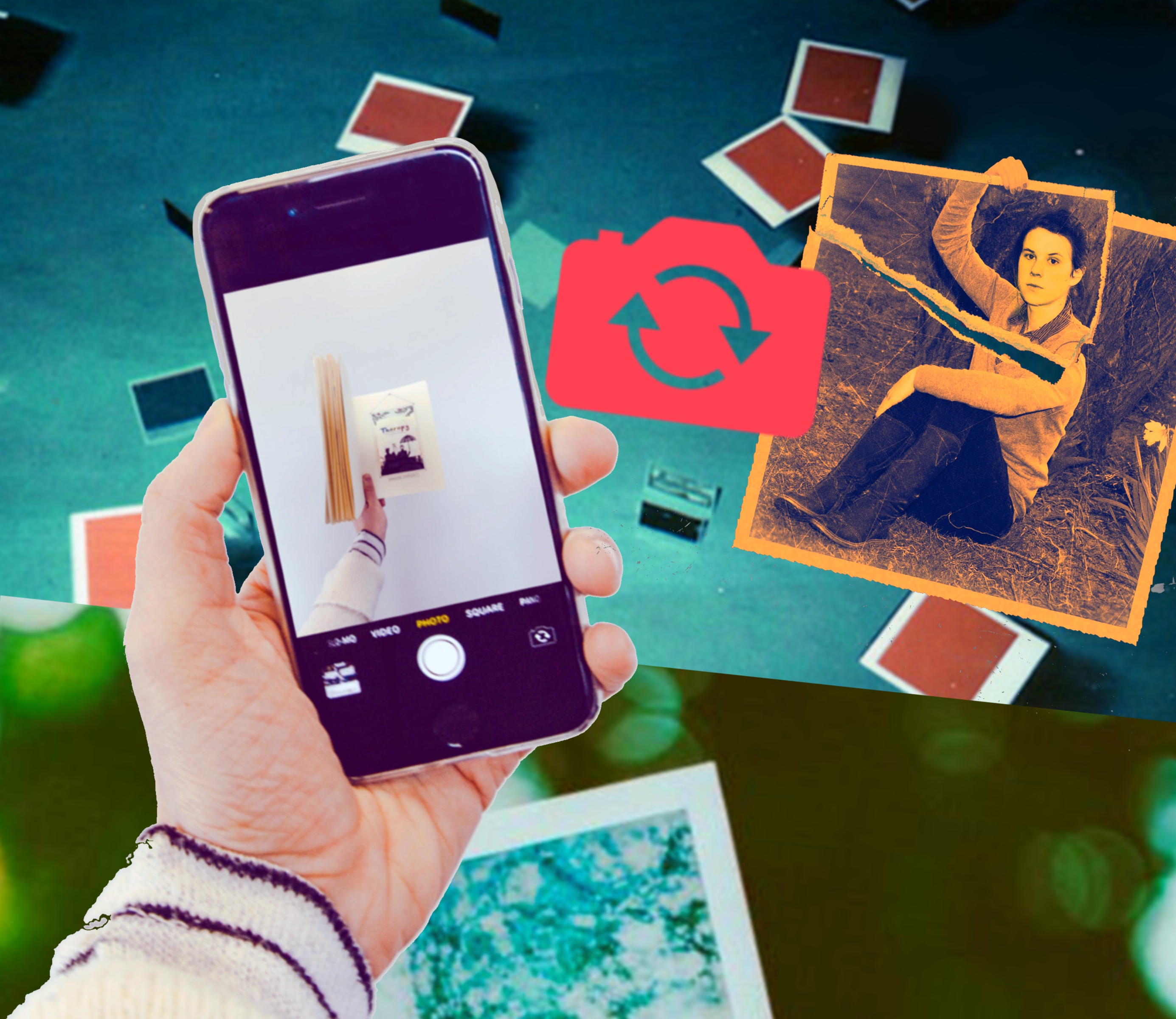 some photos and a cell phone on selfie mode