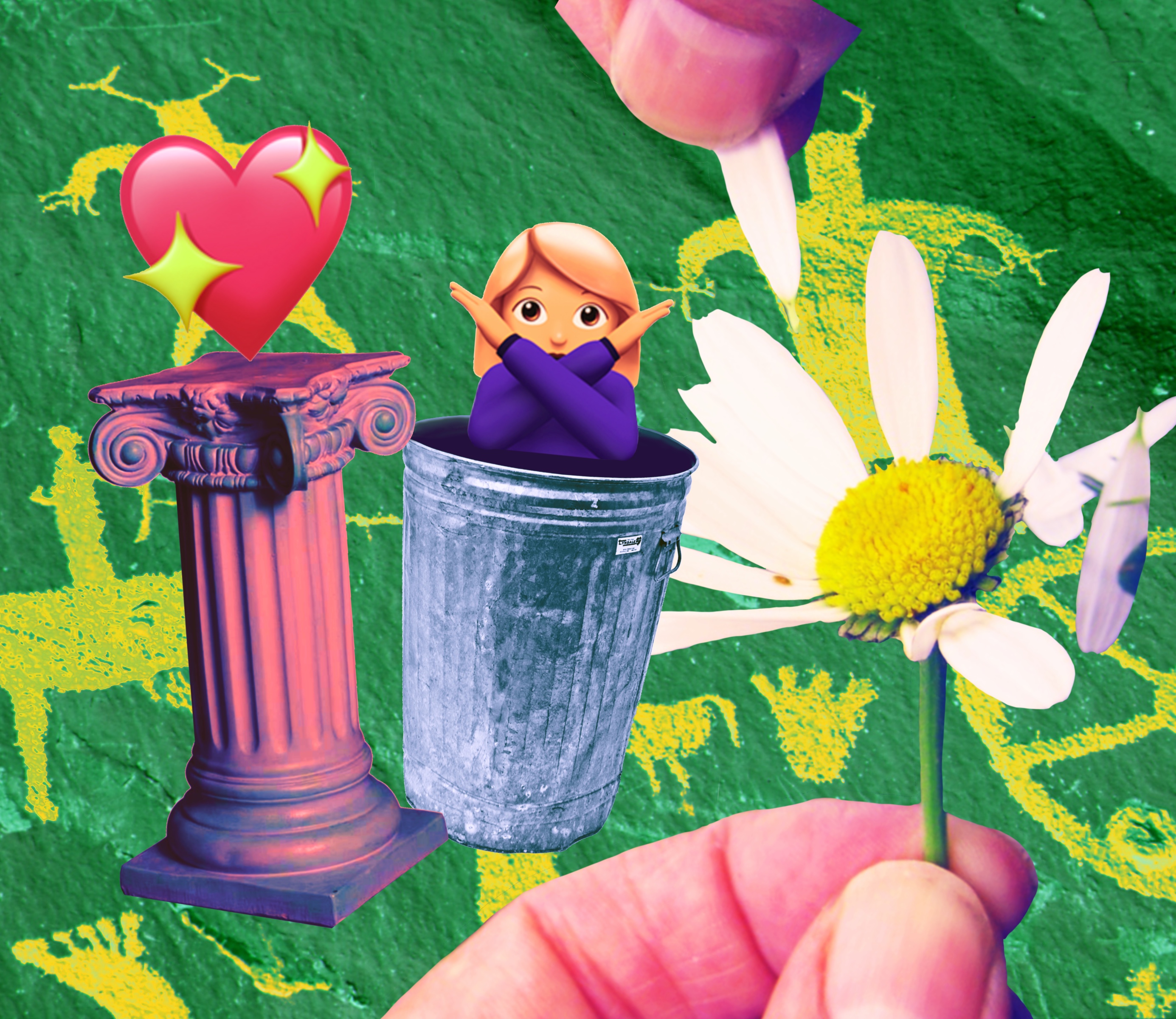 a negative emoji in a garbage can with a daisy and a heart