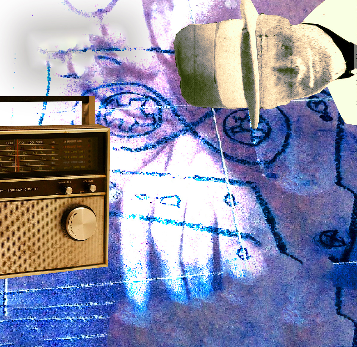 a collage with a radio and a ghost