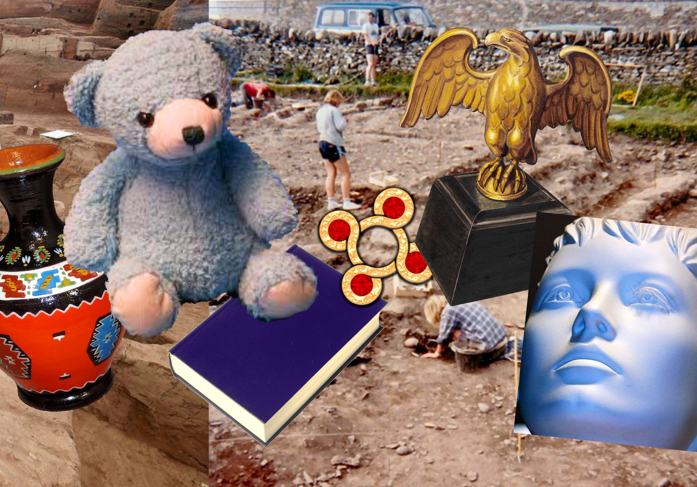 an excavation site uncovering a teddy bear, trophy, journal and more