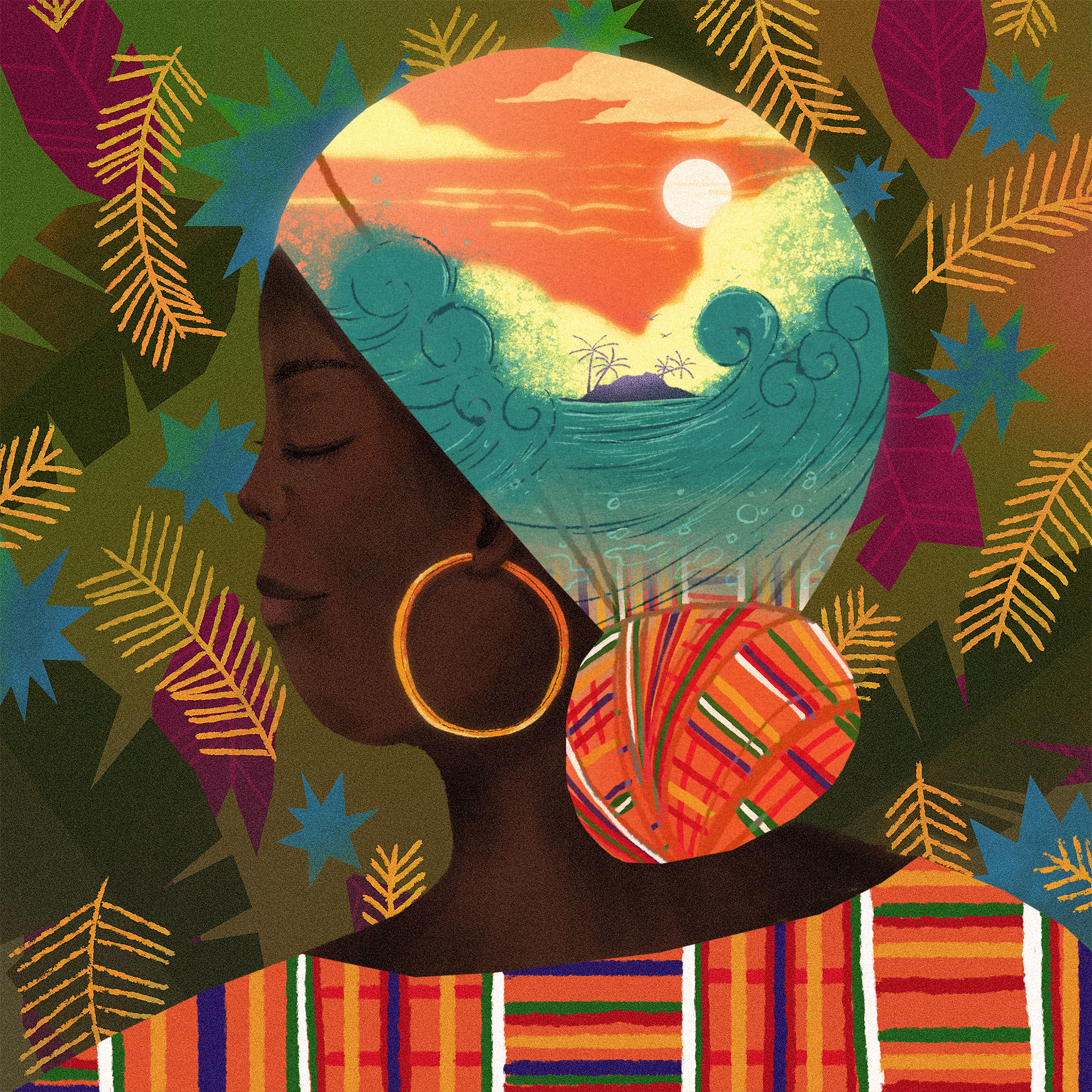 woman in a head wrap that has scenes of the Caribbean 