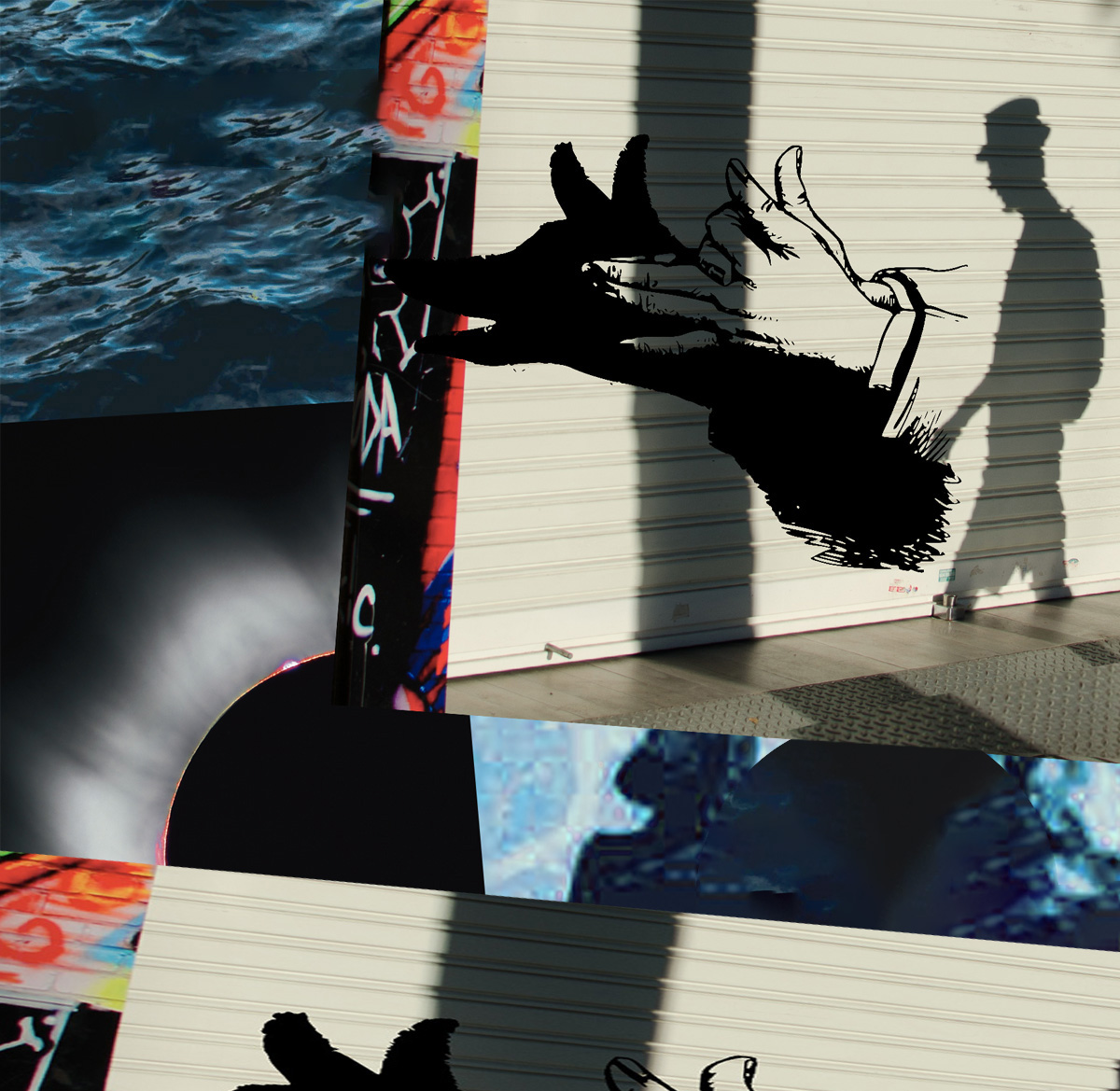 a collage of shadows and eyes