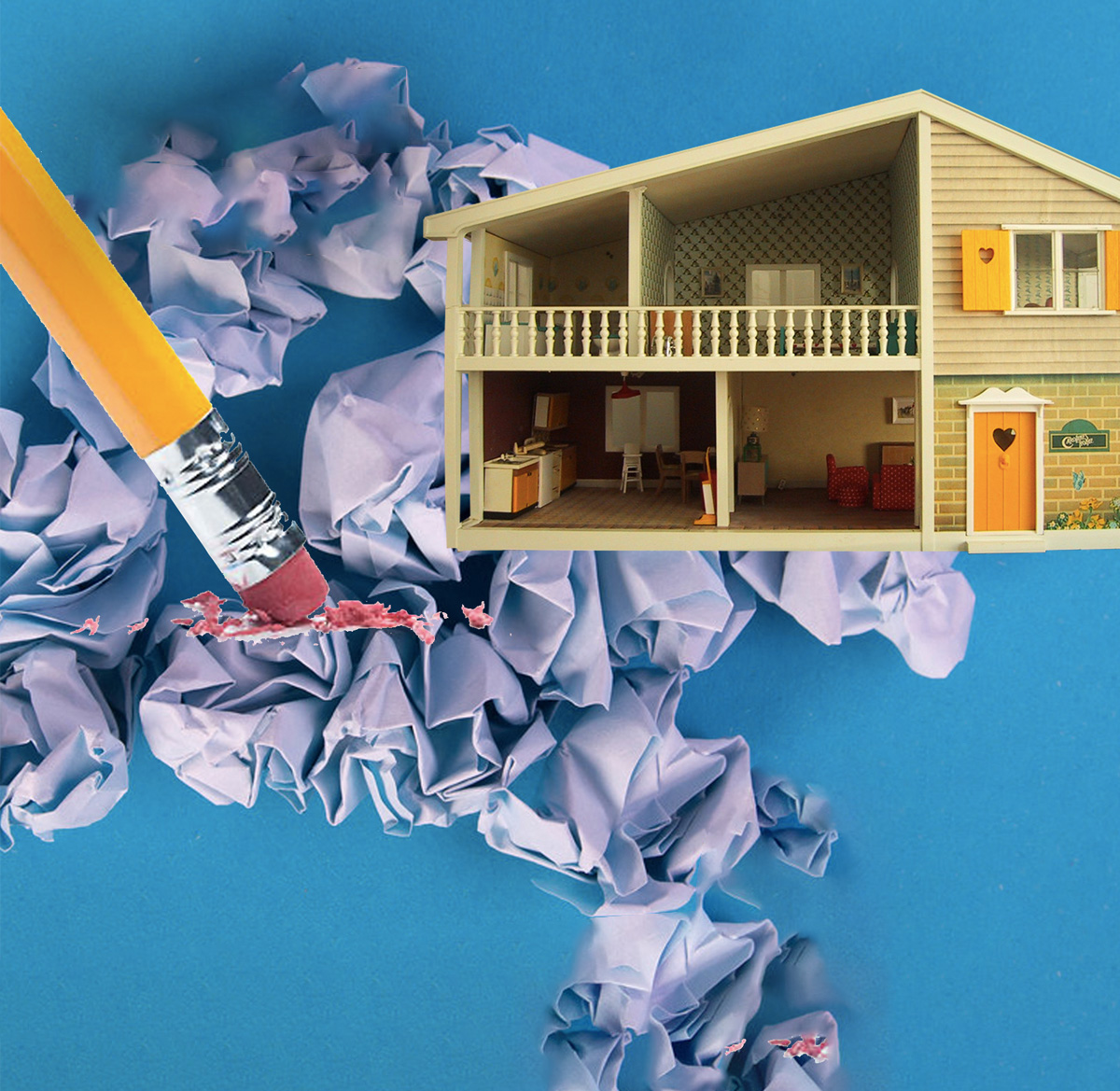 a collage of a house and crumpled paper