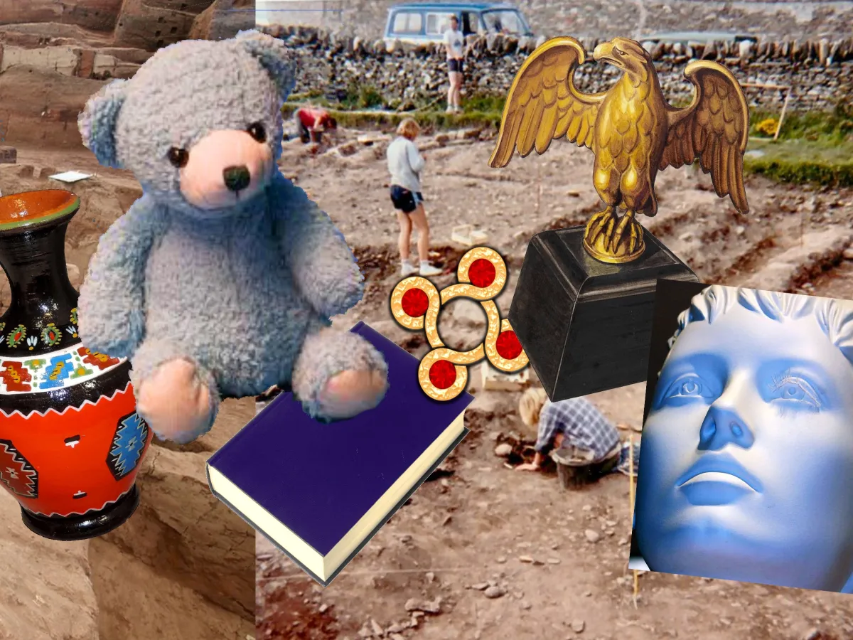 an excavation site uncovering a teddy bear, trophy, journal and more
