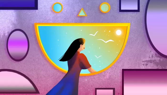a woman looking out a smiling face porthole