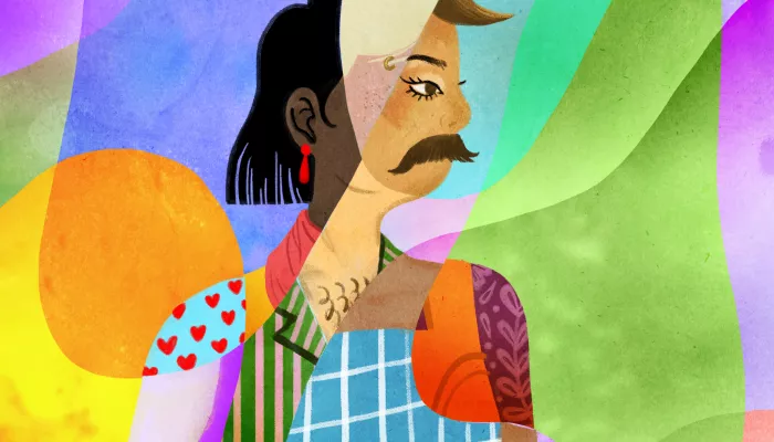 a mixed gender person stands over a colourful background.