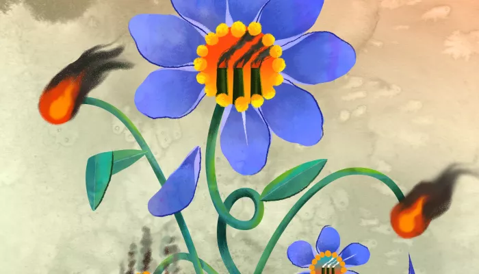 Inside bright blue flowers are scenes of environmental devastation