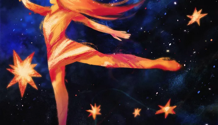 Une danseuse en arabesque dans l'espace parmi les étoiles