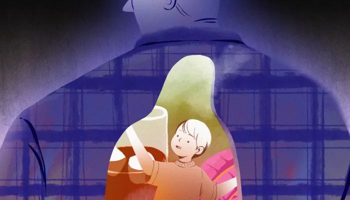 a child stands within the internal world of a father