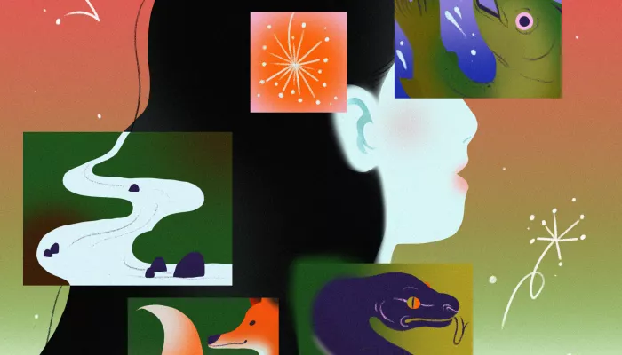 A woman looks out while various images of nature are superimposed over her