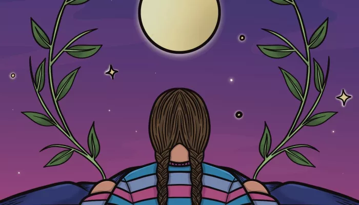 A woman with two braids looks out at the moon while blue flowers rise up beside her.