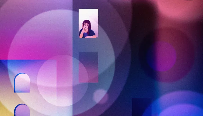 A woman looks out of a window of an abstract building