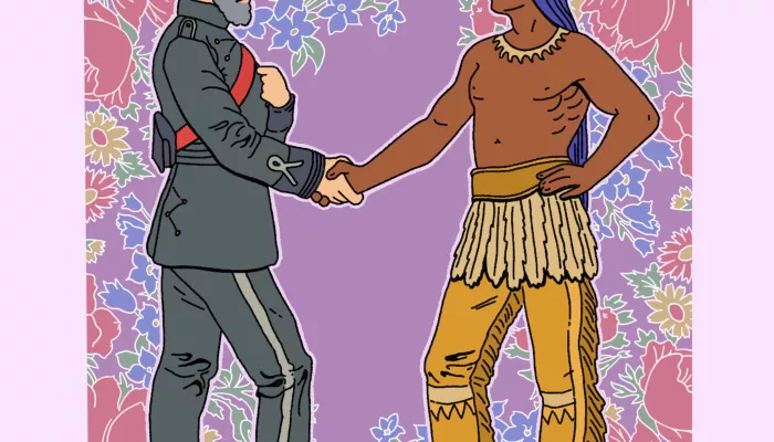 A colonial European soldier shakes hands with an Indigenous person.