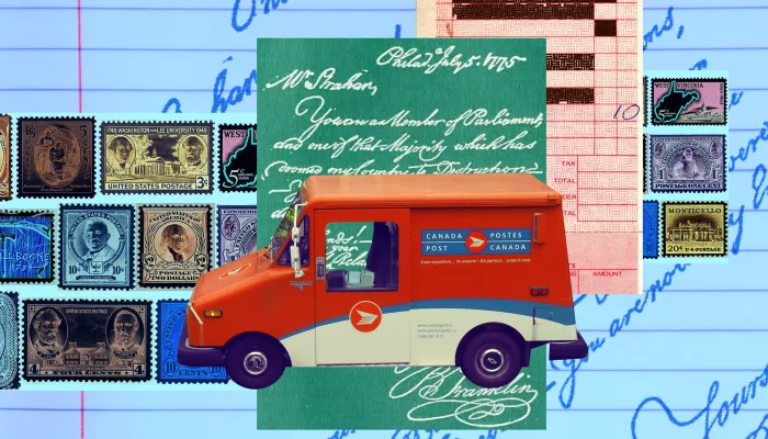 a mail truck, letters, and stamps