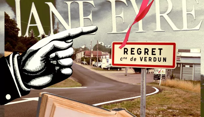 the text Jane Eyre hangs in the sky as well as a road sign for Verdune