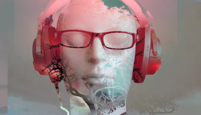 a mannequin with headphones and glasses