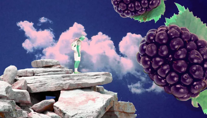 a person on a cliff with giant floating berries