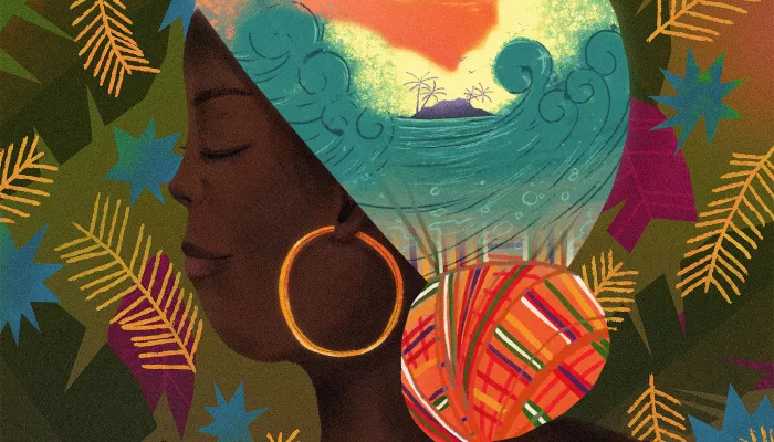 woman in a head wrap that has scenes of the Caribbean 